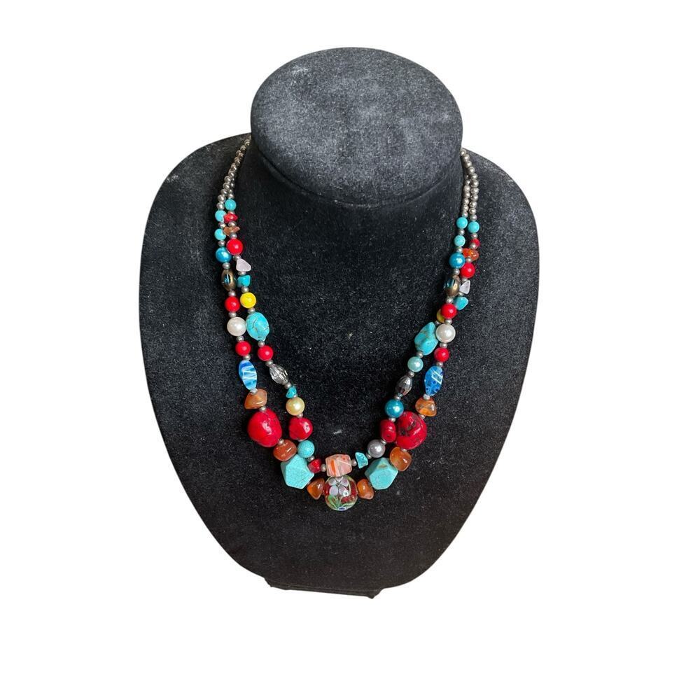 Womens Handmade Double‎ Strand Coral-Turquoise Silver Tone Necklace 20" Drop NEW